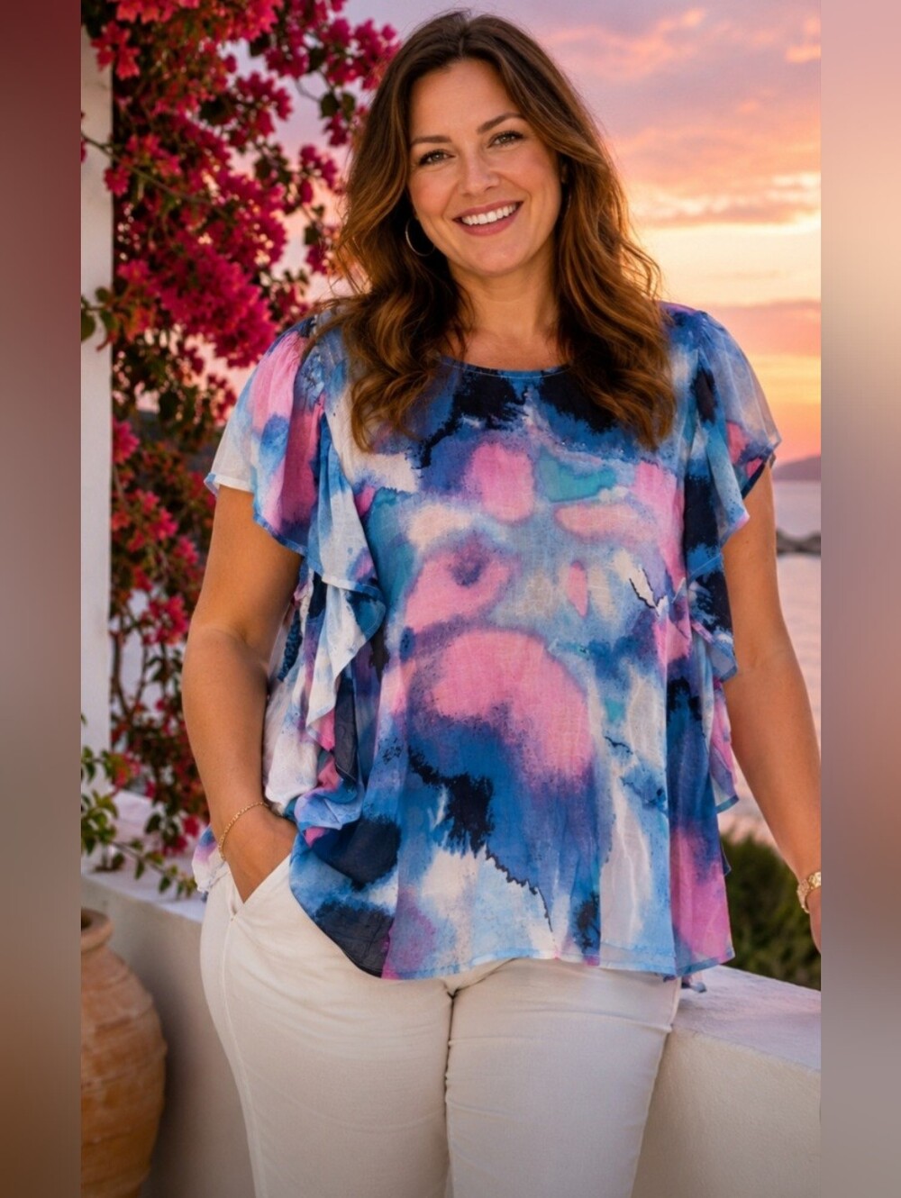 Zac & Rachel Blue Pink White Watercolor Ruffle Sleeve Blouse Large